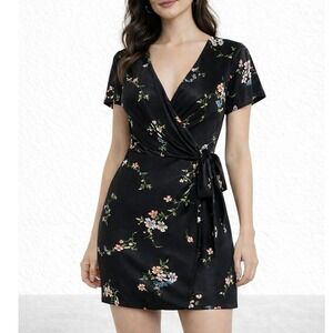 URBAN OUTFITTERS Theresa Velour Fuzzy Wrap Mini Dress FloralTie‎ Short Sleeve S